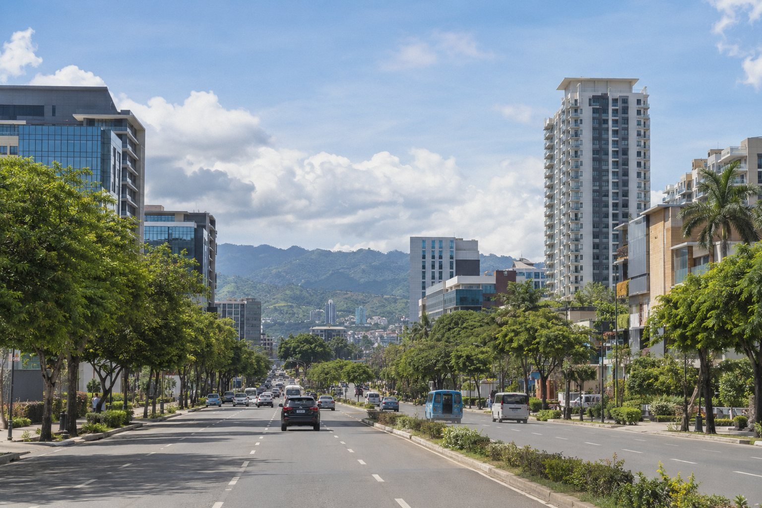 Tree-lined commercial avenue with office and condominium towers in Mandaue City